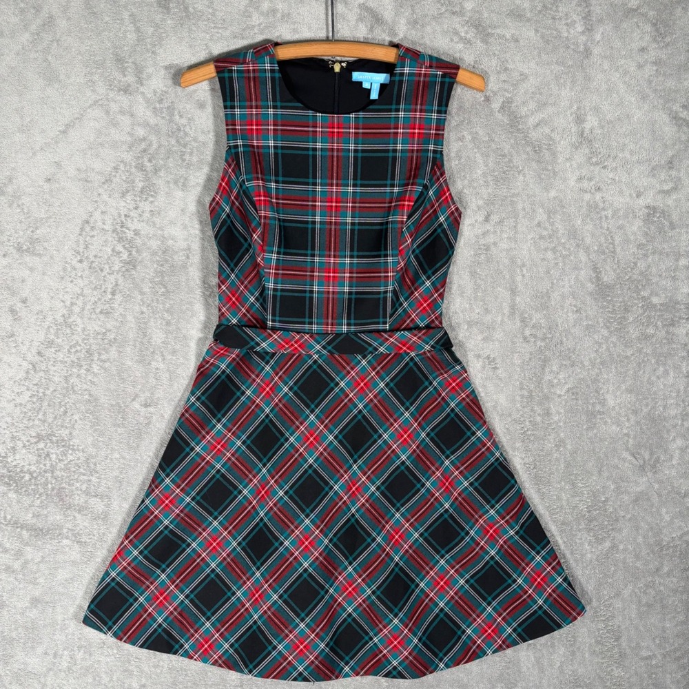 Draper James Womens Plaid Fit & Flare Mini Dress Black Red Green Size 2 Academia